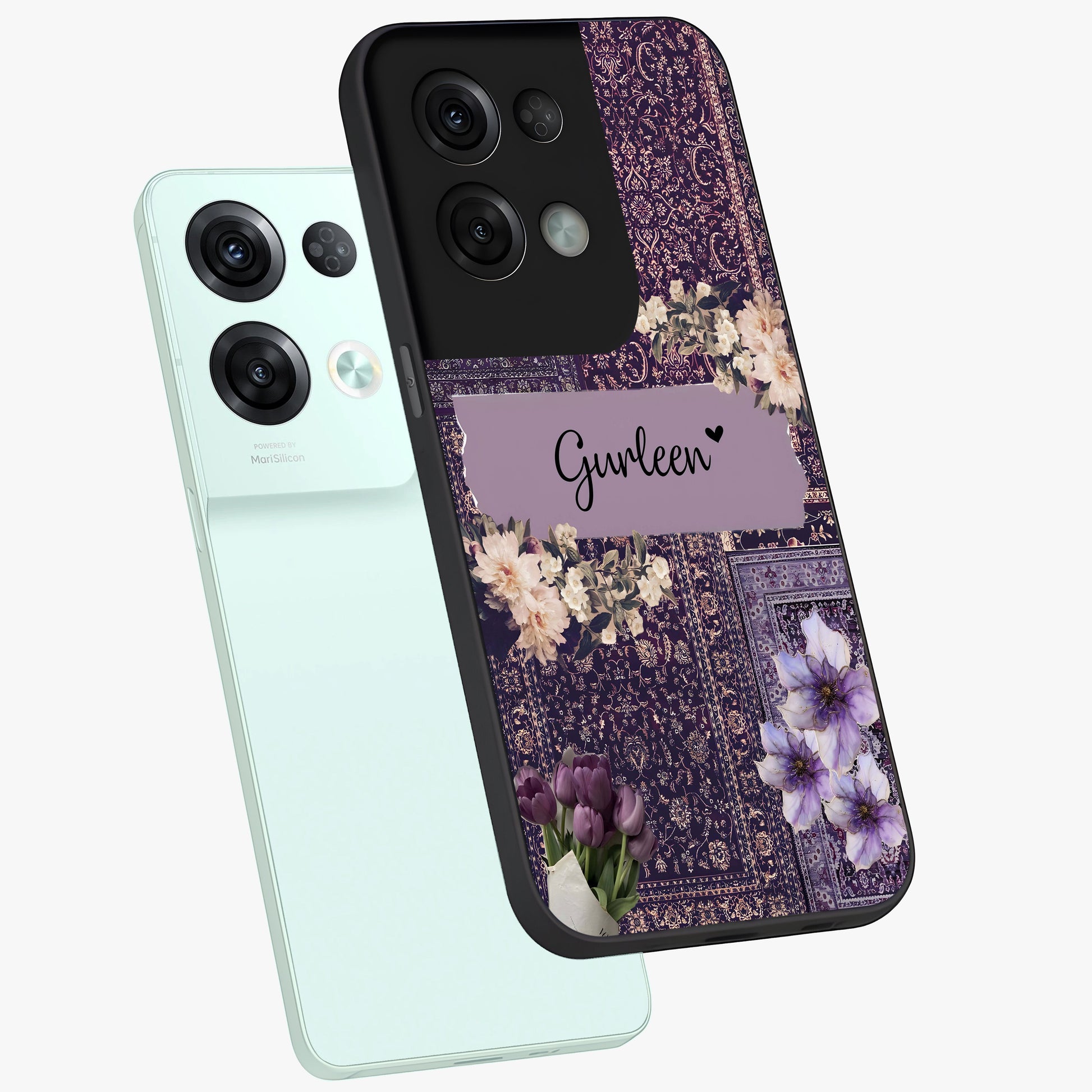 Antique Floral Whisper Custom Name Glass Case displayed in angled mockup highlighting elegant antique floral aesthetic.
