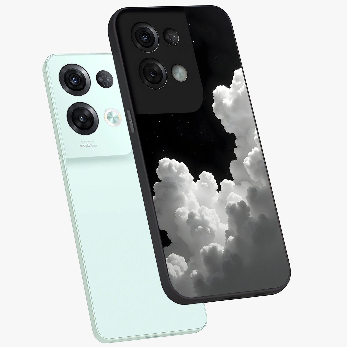 Black Background With White Cloud Glass Case displayed in angled mockup highlighting soft white cloud illustration and minimal design.
