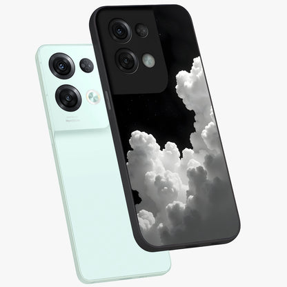 Black Background With White Cloud Glass Case displayed in angled mockup highlighting soft white cloud illustration and minimal design.