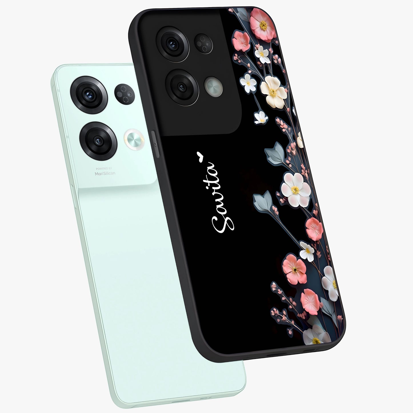 Black Elegance Floral Custom Name Glass Case displayed in angled mockup highlighting dark floral aesthetic and custom name feature.