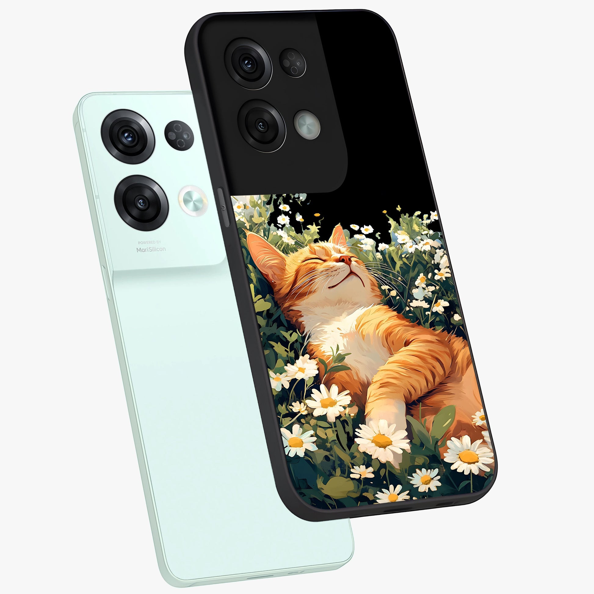 Blissful Bloom Cat Glass Case displayed in angled mockup highlighting playful feline illustration with soft floral aesthetic.