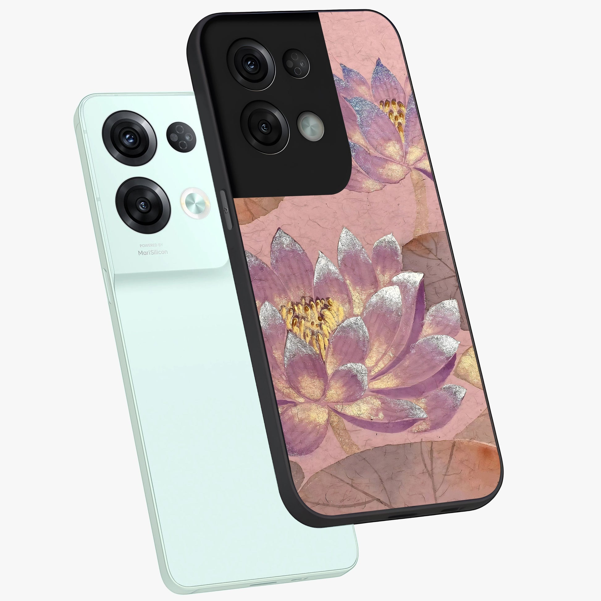 Blossom Mist Lotus Glass Case displayed in angled mockup highlighting delicate lotus illustration with calm aesthetic theme.