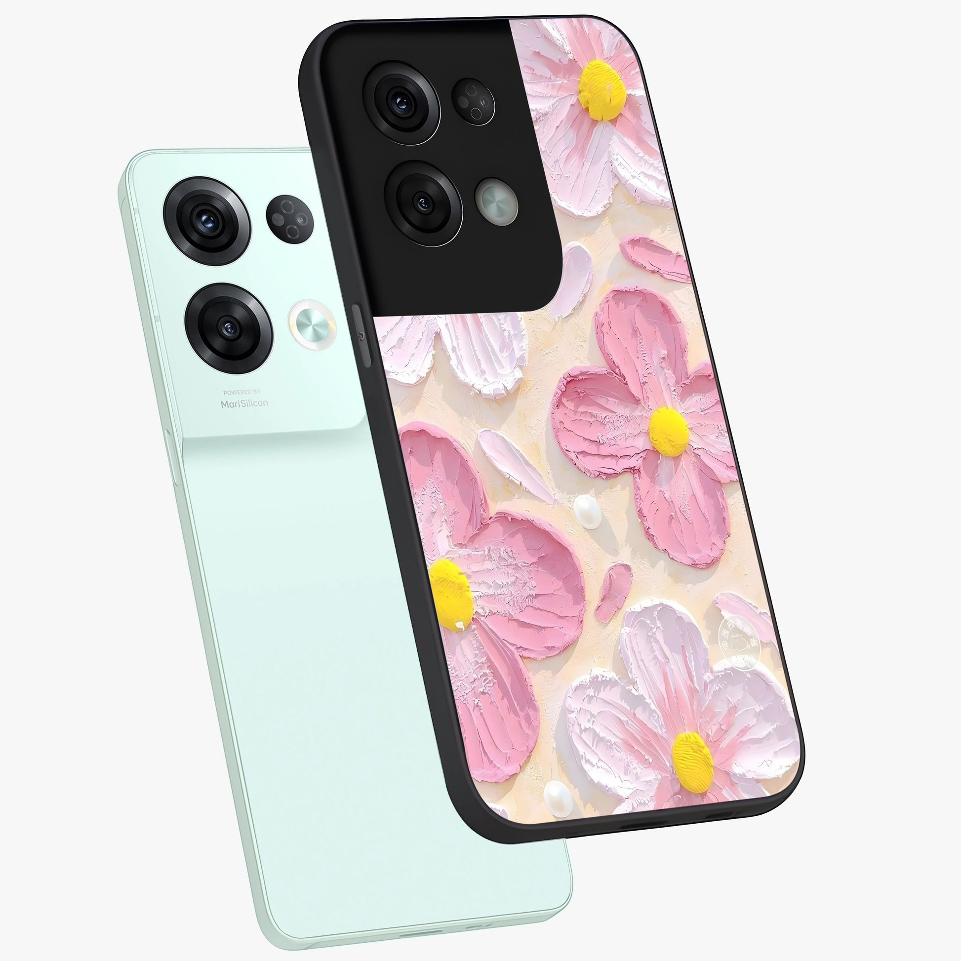 Blush Bloom Texture Glass Case displayed in angled mockup highlighting subtle bloom pattern with aesthetic pastel design.