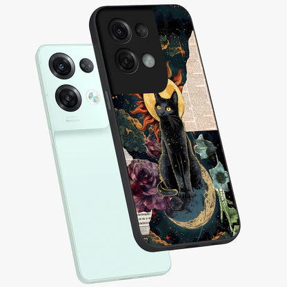 Celestial Black Cat Glass Case displayed in angled mockup highlighting cosmic black cat design with celestial aesthetic.