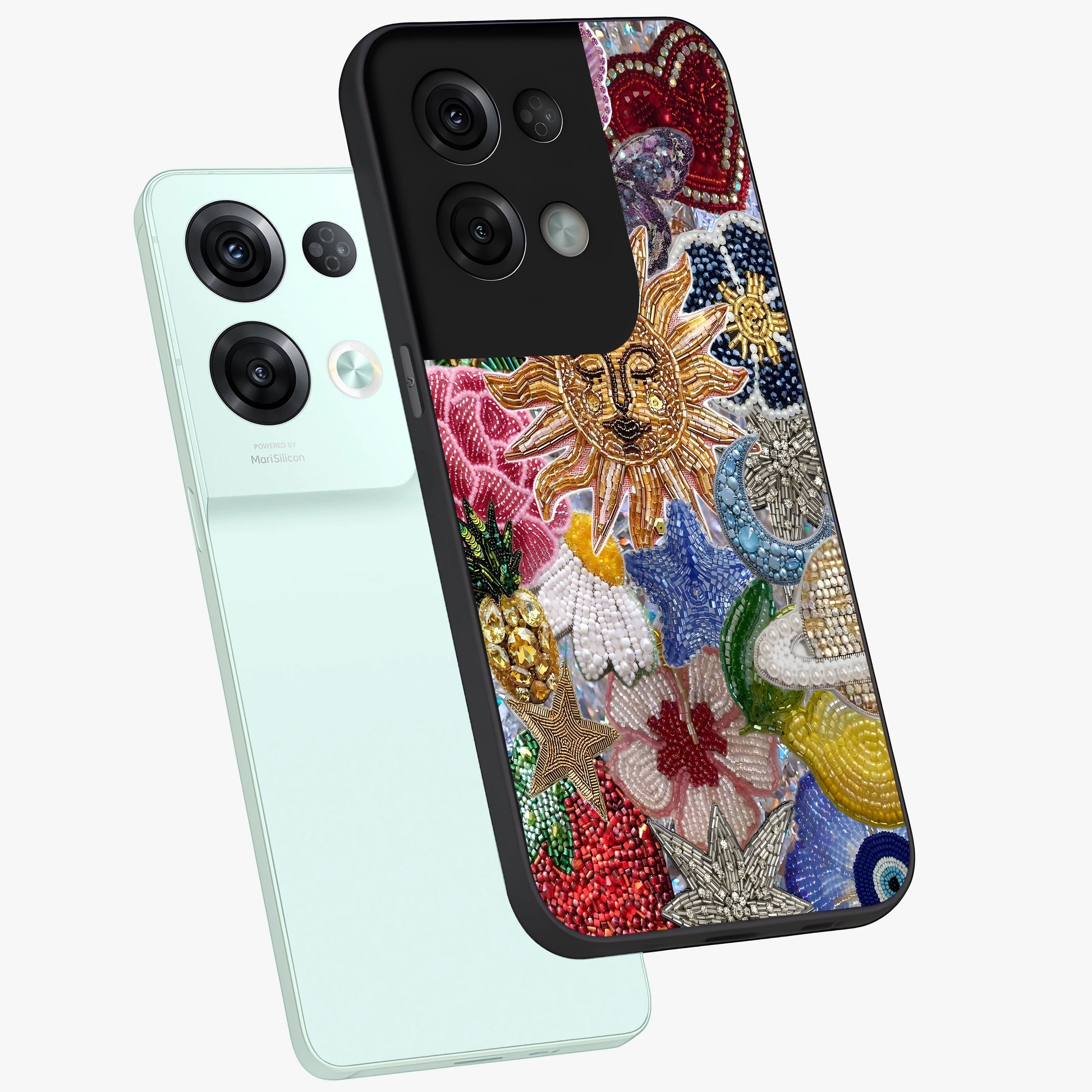Celestial Floral and Playful Glass Case displayed in angled mockup highlighting playful floral design with dreamy celestial elements.