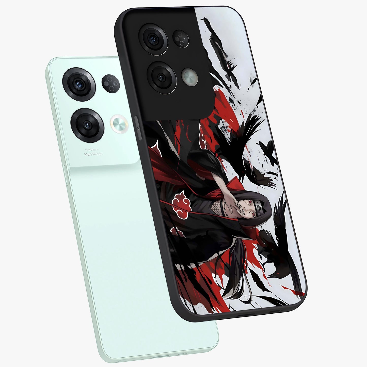 Crimson Crow Illusion Glass Case displayed in angled mockup highlighting mysterious crow graphic with dark aesthetic style.