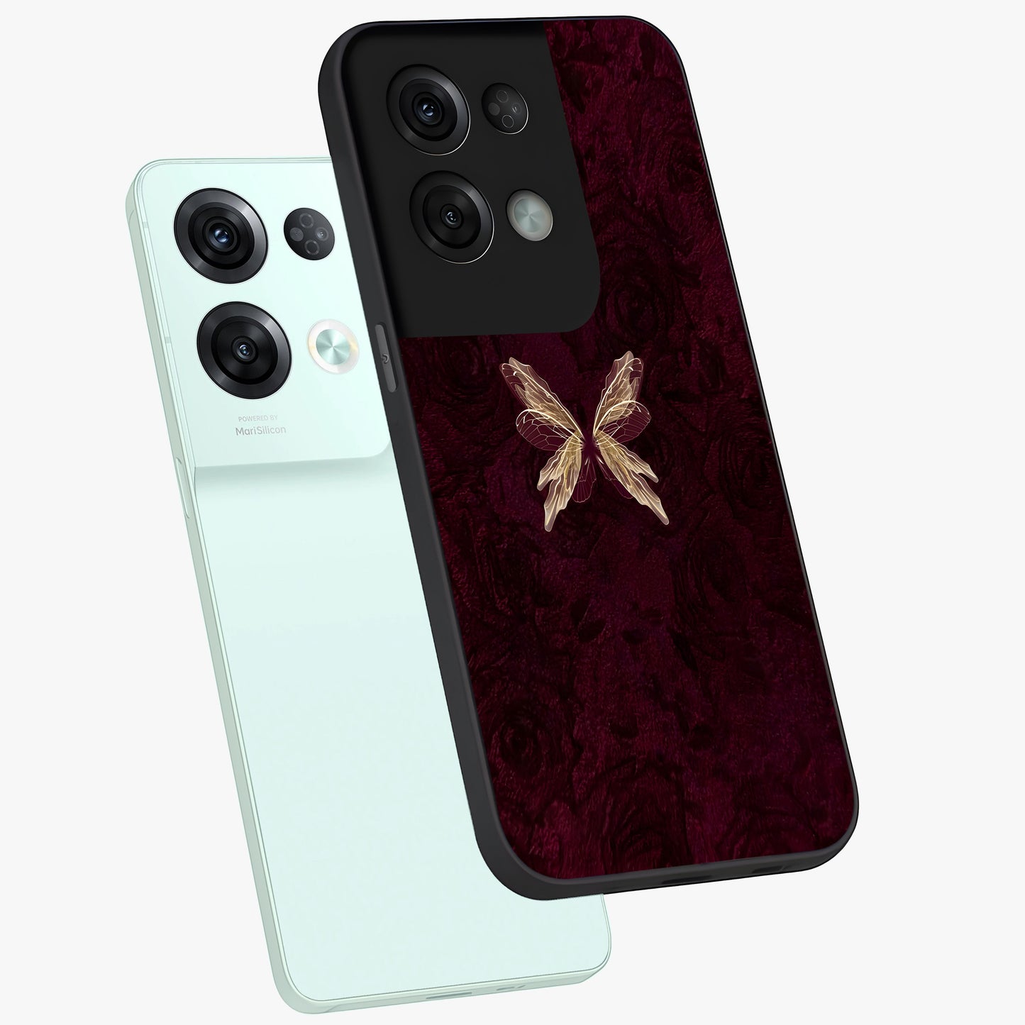 Crimson Fade Butterfly Glass Case displayed in angled mockup highlighting elegant butterfly design with crimson gradient aesthetic.