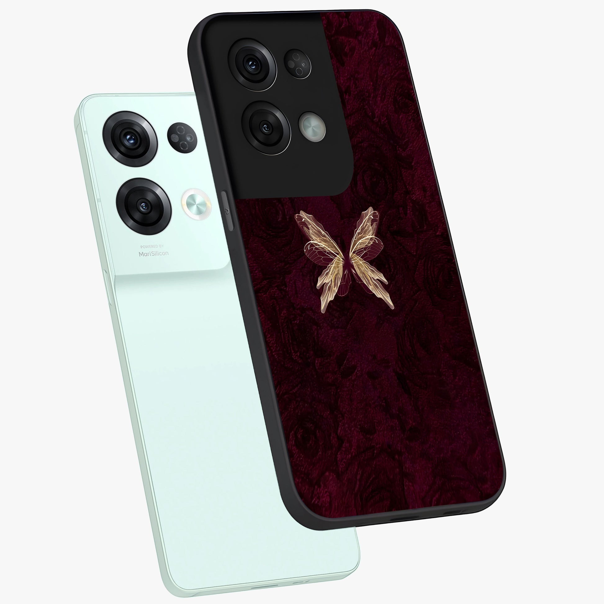 Crimson Fade Butterfly Glass Case displayed in angled mockup highlighting elegant butterfly design with crimson gradient aesthetic.