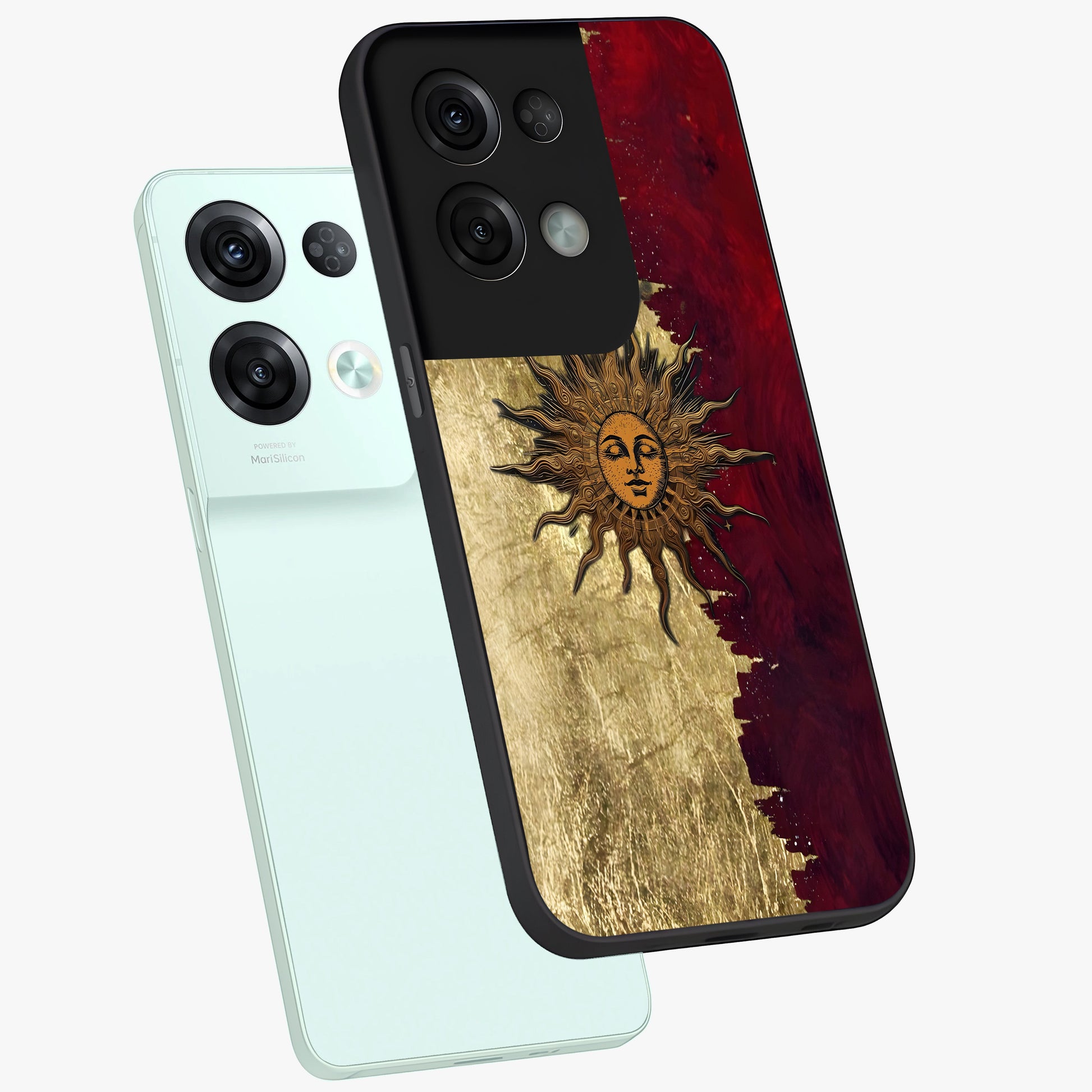 Crimson Sun Majesty Glass Case displayed in angled mockup highlighting majestic crimson sun design with bold aesthetic style.