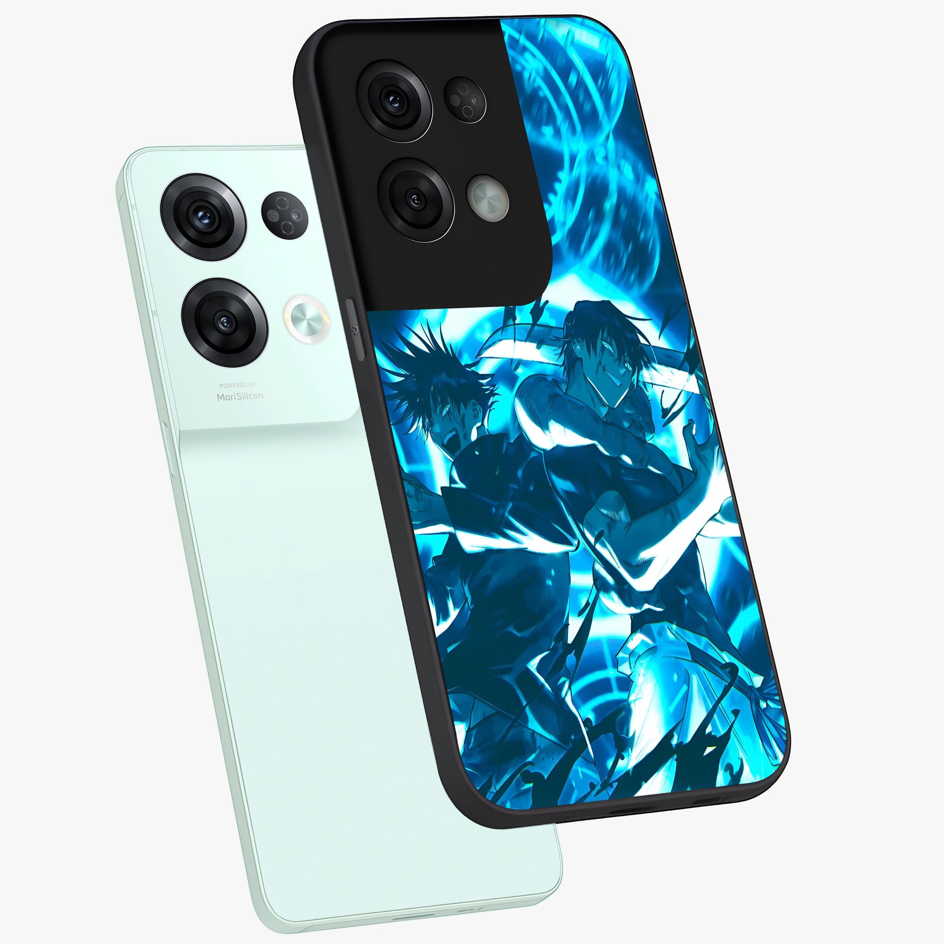 Cursed Energy Clash Glass Case displayed in angled mockup highlighting powerful battle inspired graphic with anime style aesthetic.