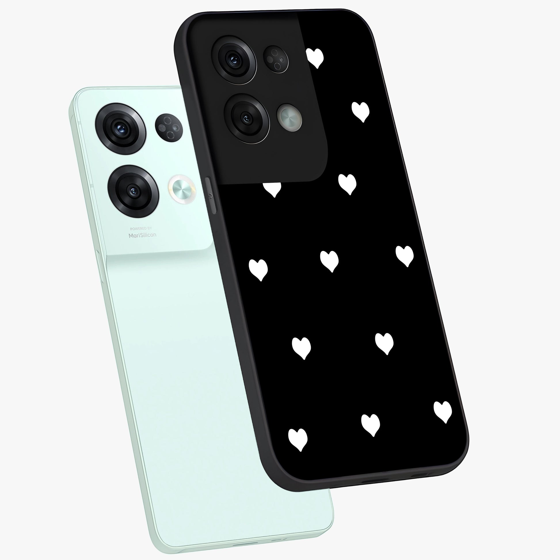 Cute And Simple White Hearts Glass Case displayed in angled mockup highlighting cute heart design with clean aesthetic style.