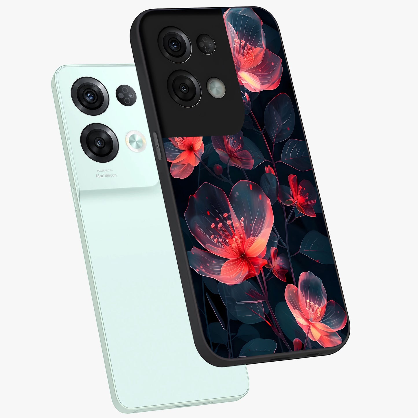 Dark Shade of Flower Glass Case displayed in angled mockup highlighting moody floral illustration with aesthetic dark tones.