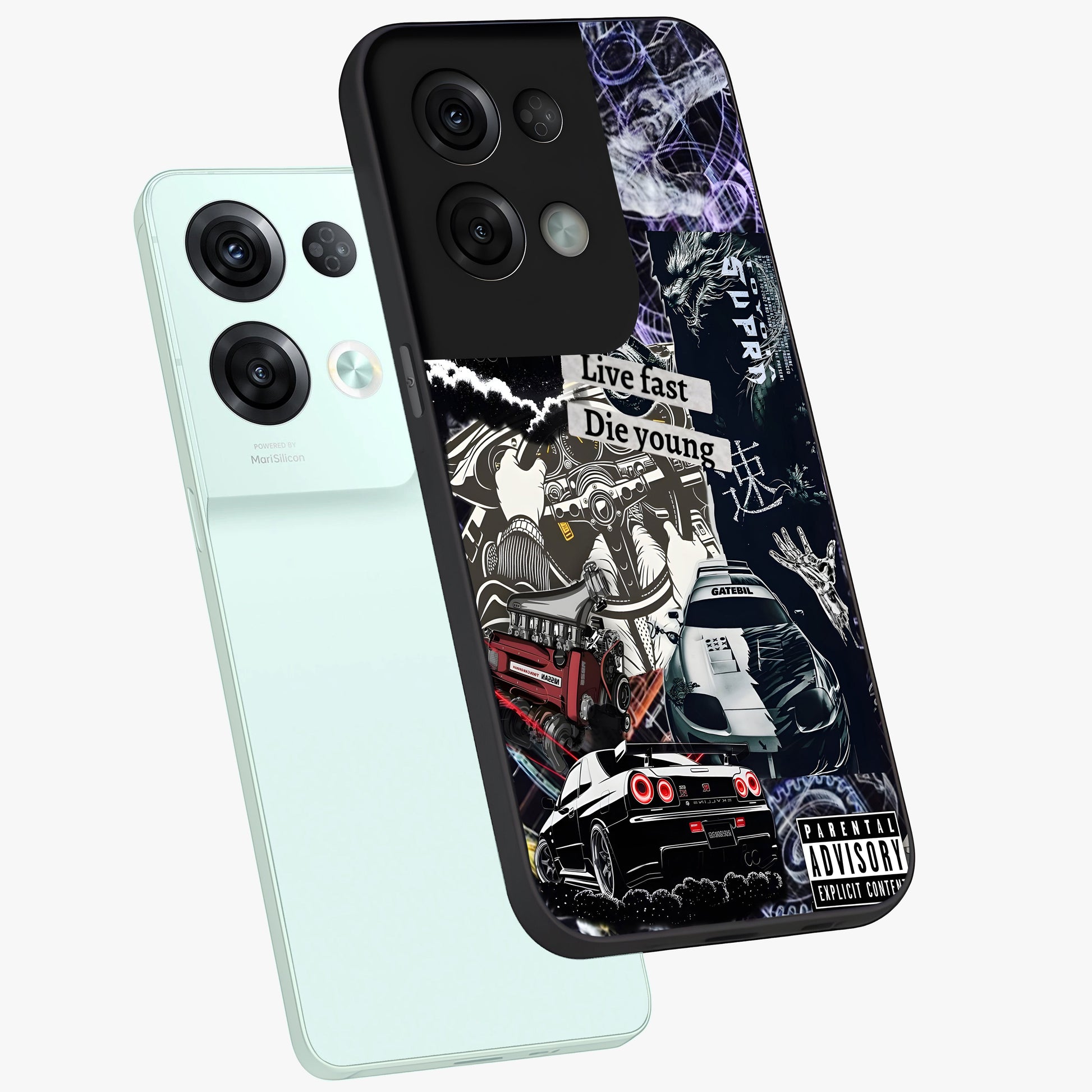 Die Young Glass Case displayed in angled mockup highlighting expressive graphic artwork with edgy aesthetic style.