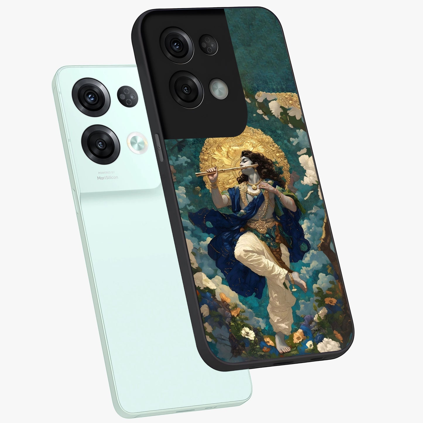 Divine Krishna Art Glass Case displayed in angled mockup highlighting spiritual Krishna illustration with devotional aesthetic.