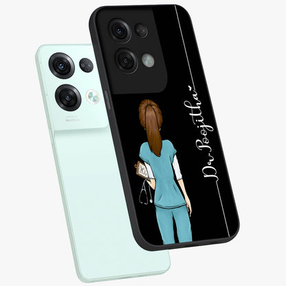 Doctor Pattern Custom Name Glass Case displayed in angled mockup highlighting doctor inspired artwork with custom name feature.