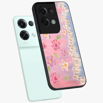 Dreamy Painted Garden Glass Case displayed in angled mockup highlighting colorful garden illustration with dreamy aesthetic style.