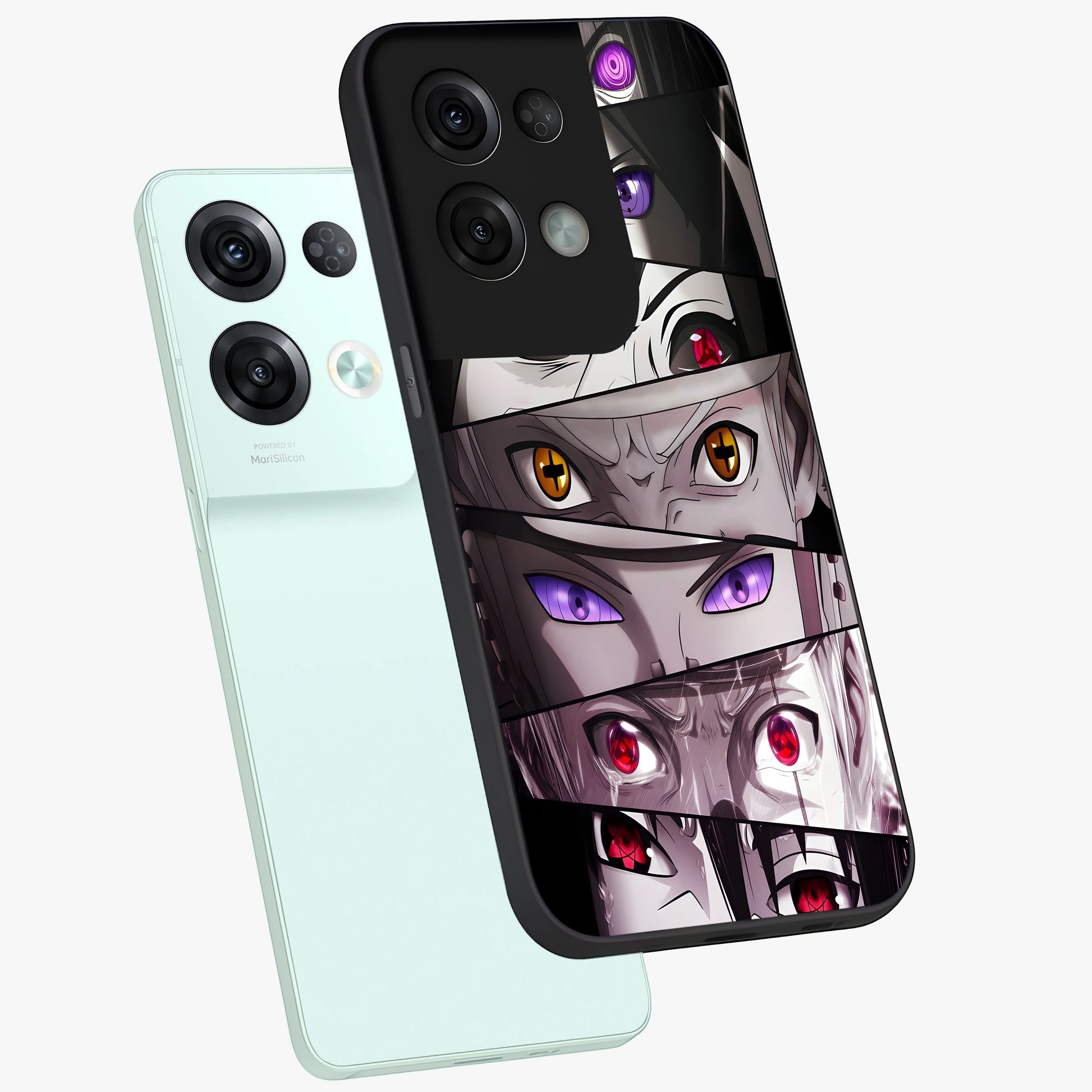 Eyes of Destiny Glass Case displayed in angled mockup highlighting bold eye illustration with mystical aesthetic style.