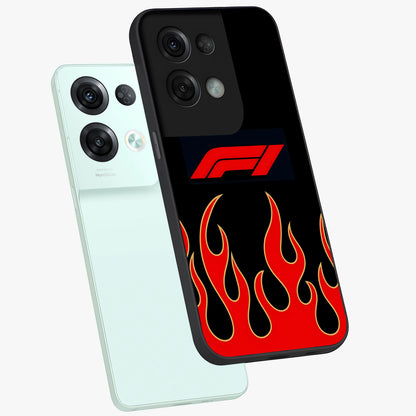 Fire F11 Glass Case displayed in angled mockup highlighting bold fire inspired graphic with energetic aesthetic style.