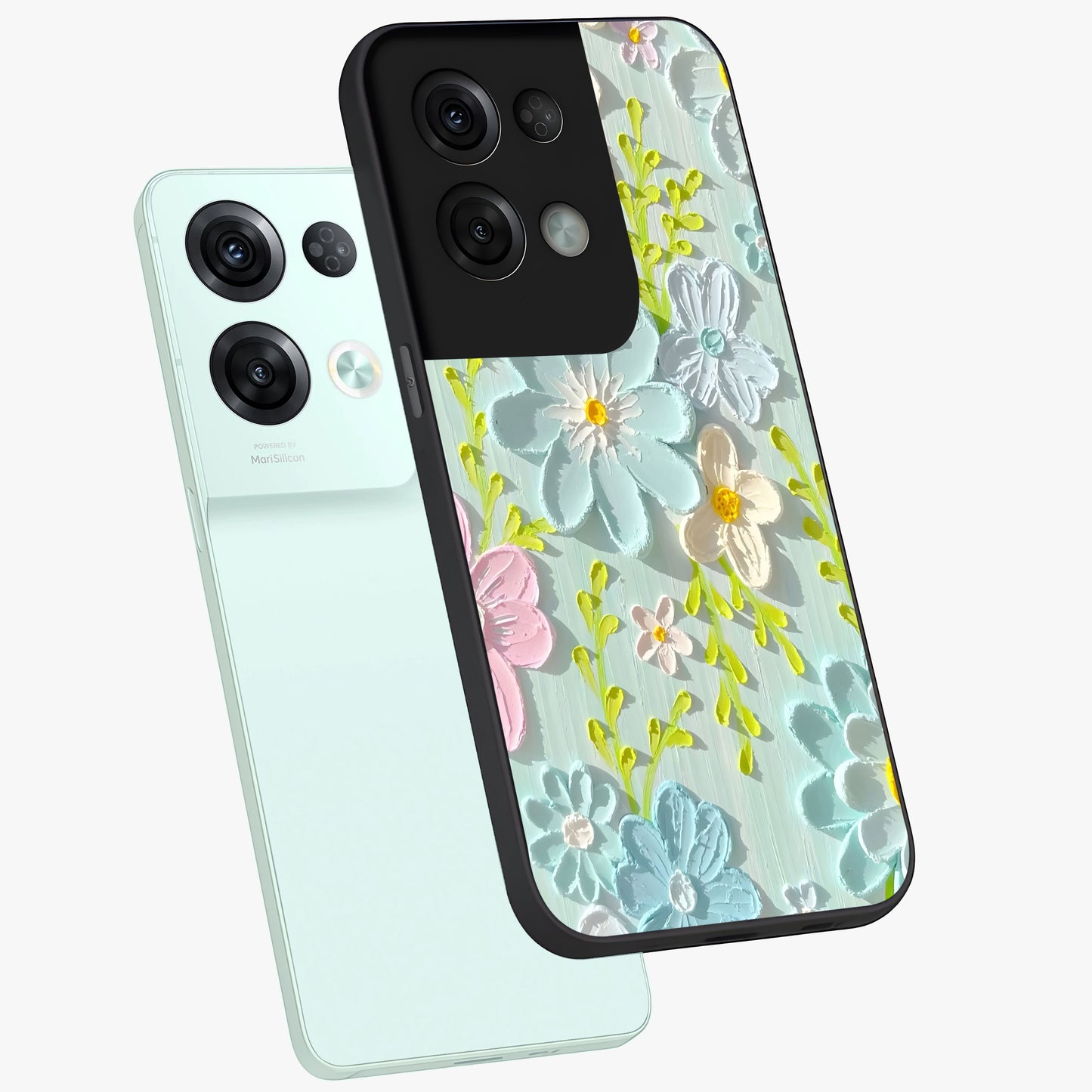 Frosted Petal Garden Glass Case displayed in angled mockup highlighting delicate flower petal design with calm garden aesthetic.