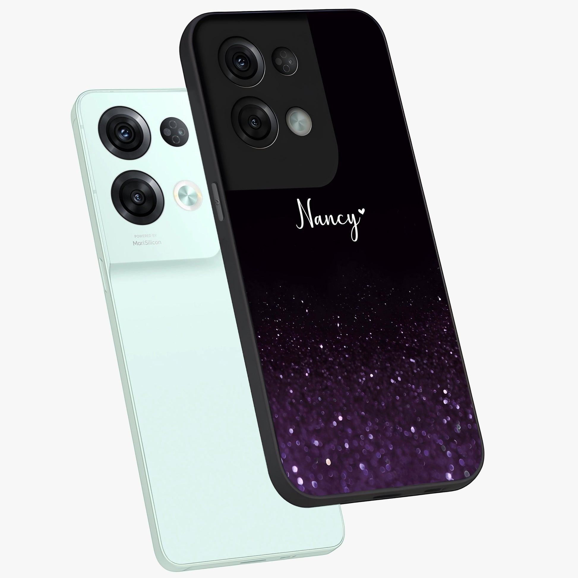 Glittery Purple Bokeh Custom Name Glass Case displayed in angled mockup highlighting glitter bokeh pattern with custom name feature.
