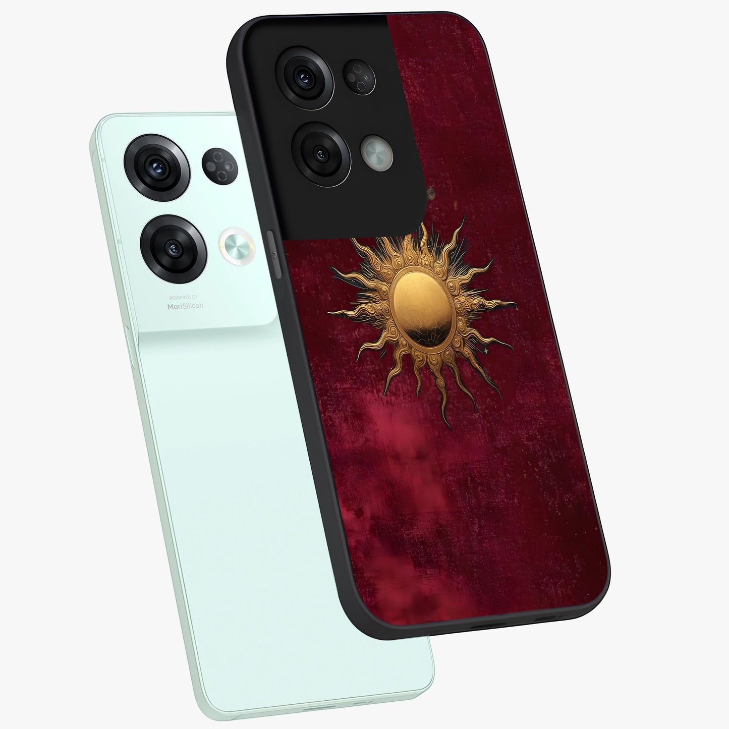 Golden Sun Minimalism Glass Case displayed in angled mockup highlighting clean sun symbol design with modern minimal aesthetic.