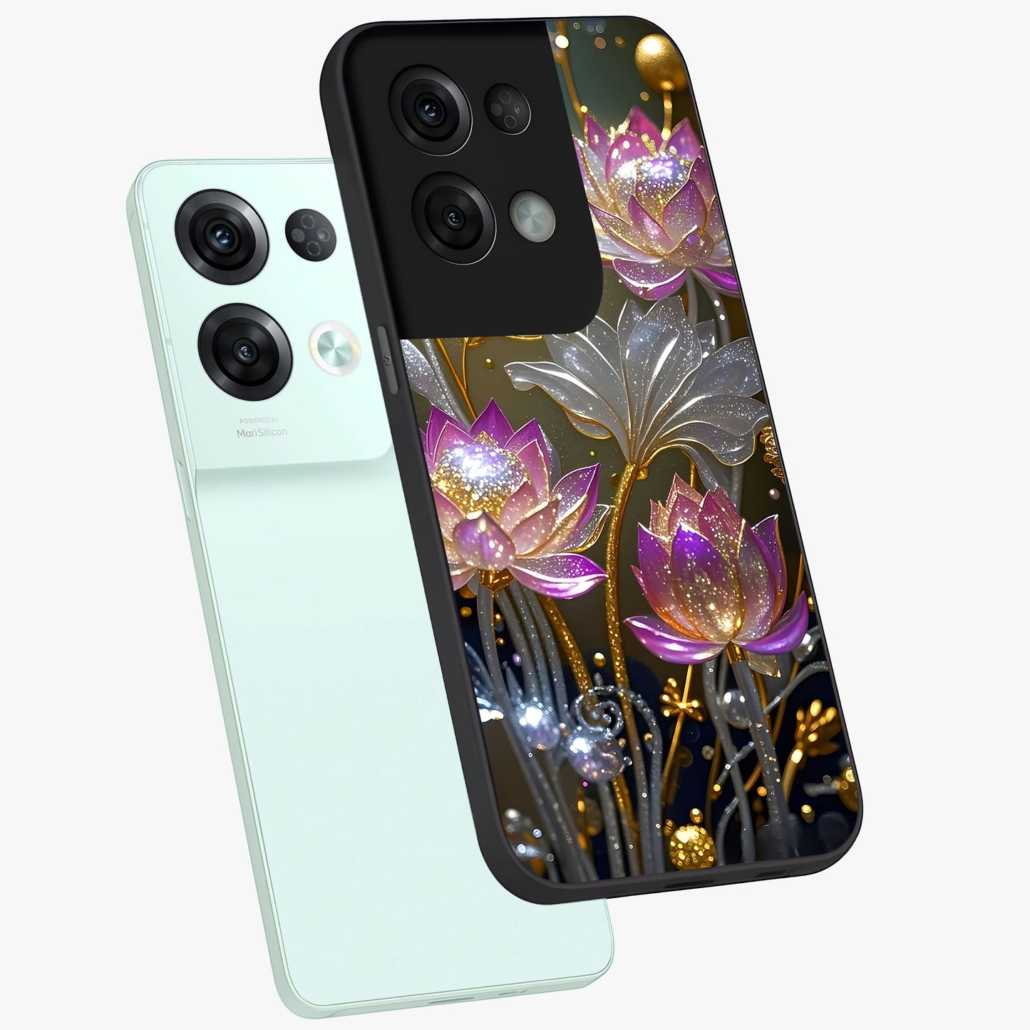 Golden Floral Majesty Glass Case displayed in angled mockup highlighting elegant flower design with royal golden aesthetic.