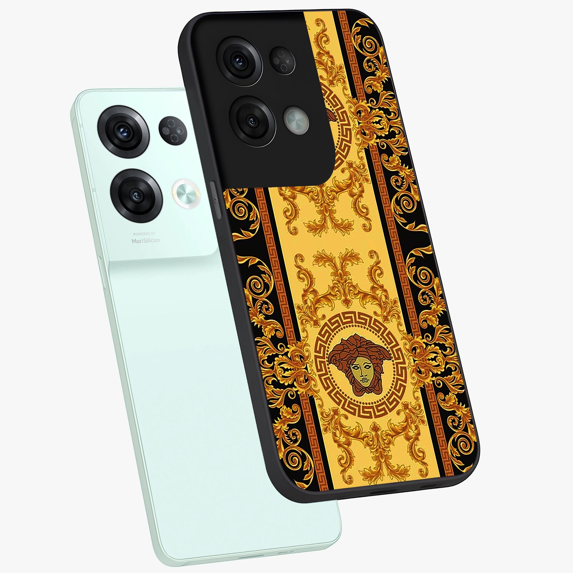 Golden Lotus Glow Glass Case displayed in angled mockup highlighting radiant lotus illustration with spiritual aesthetic.