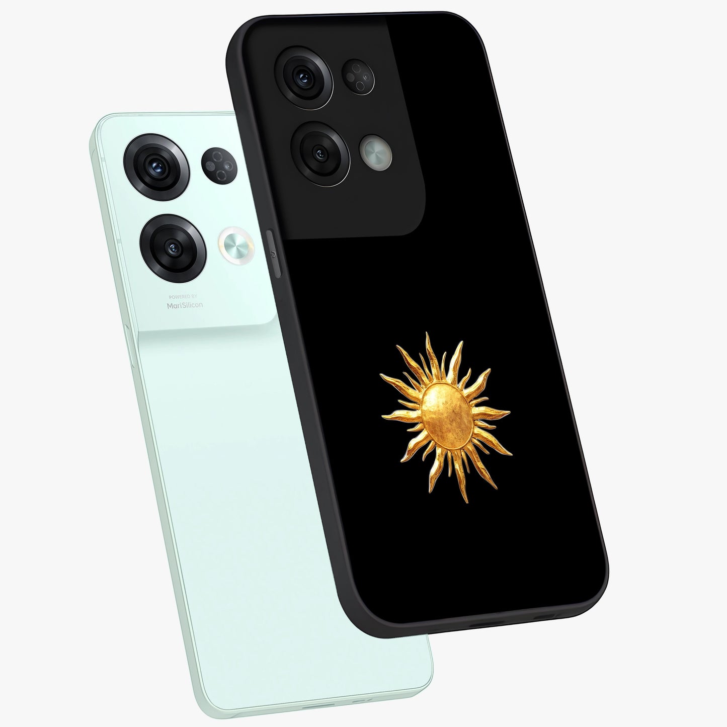 Golden Sun Minimalism Glass Case displayed in angled mockup highlighting eerie shadow illustration with gothic aesthetic.