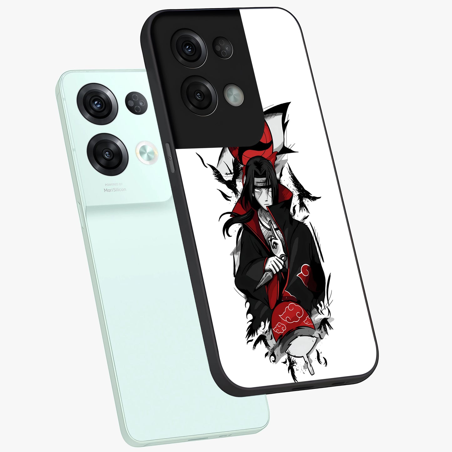 Itachi Limited Edition Naruto Anime Glass Case displayed in angled mockup highlighting dramatic anime illustration with bold action aesthetic.