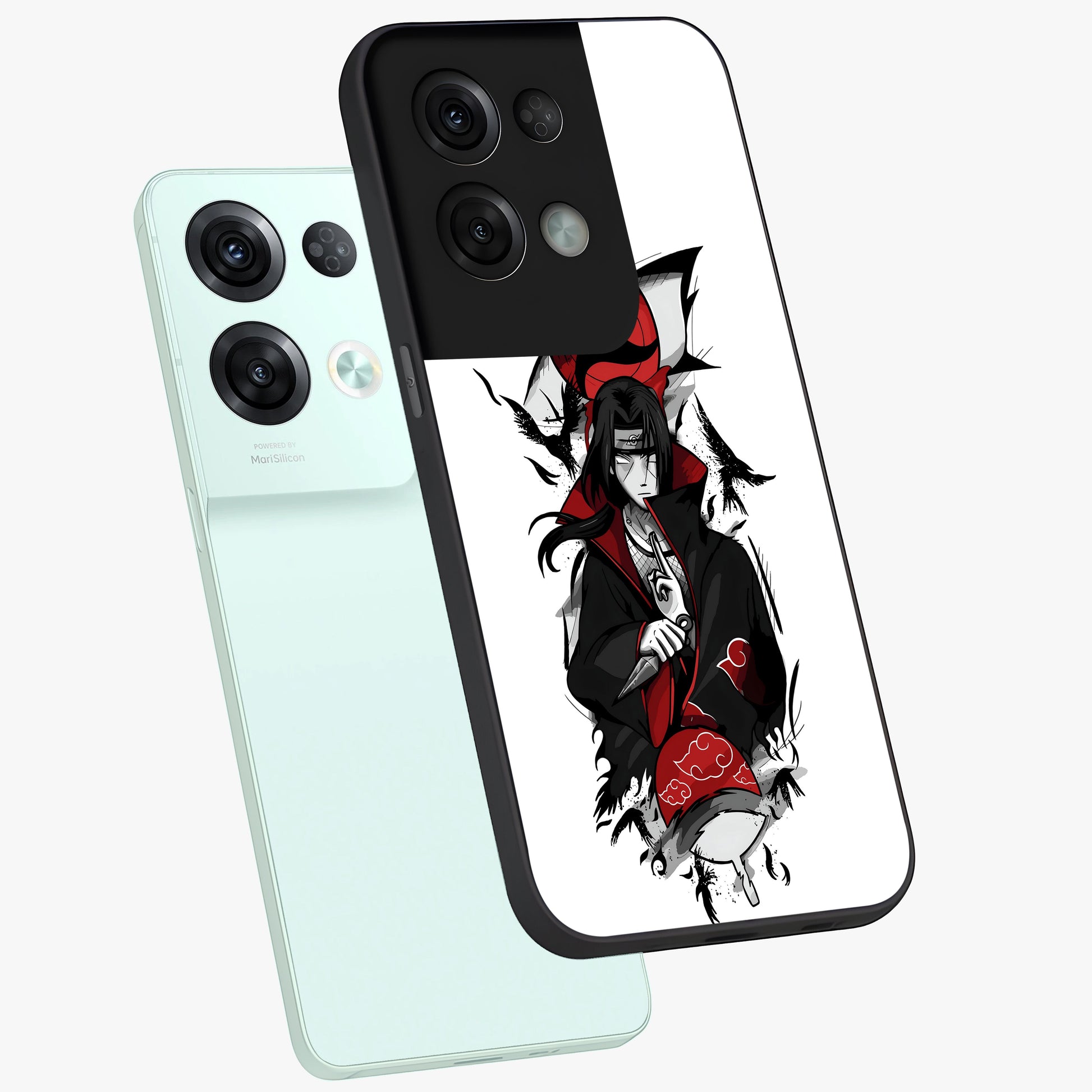 Itachi Limited Edition Naruto Anime Glass Case displayed in angled mockup highlighting dramatic anime illustration with bold action aesthetic.
