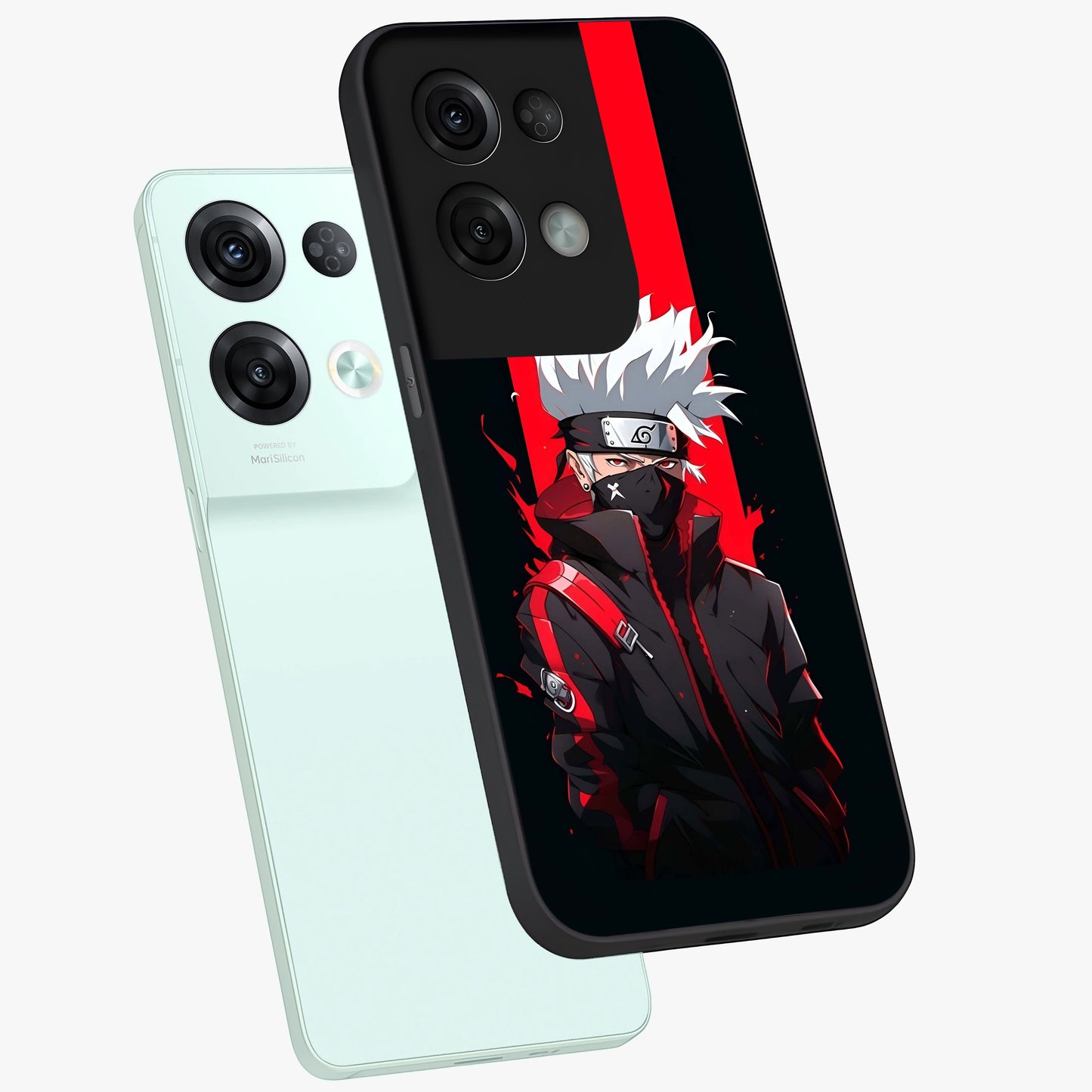 Kakashi Scarlet Shadow Glass Case displayed in angled mockup highlighting dramatic ninja illustration with scarlet themed aesthetic.
