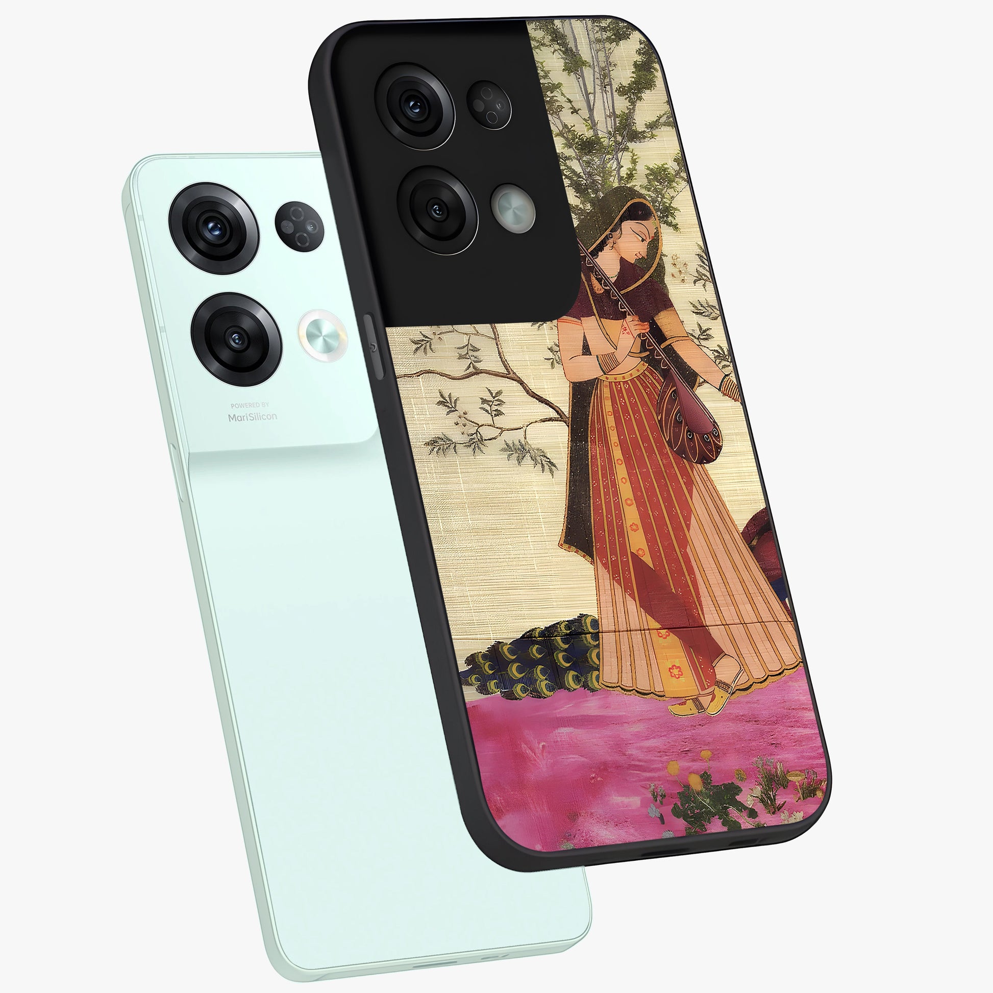 Lady With Veena Art Glass Case displayed in angled mockup highlighting graceful musical illustration with cultural artistic aesthetic.