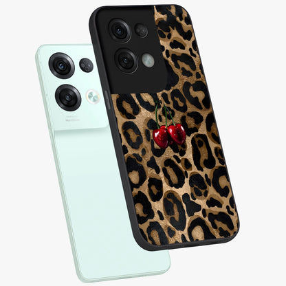Leopard Wild Cherry Glass Case displayed in angled mockup highlighting bold animal print design with playful cherry aesthetic.