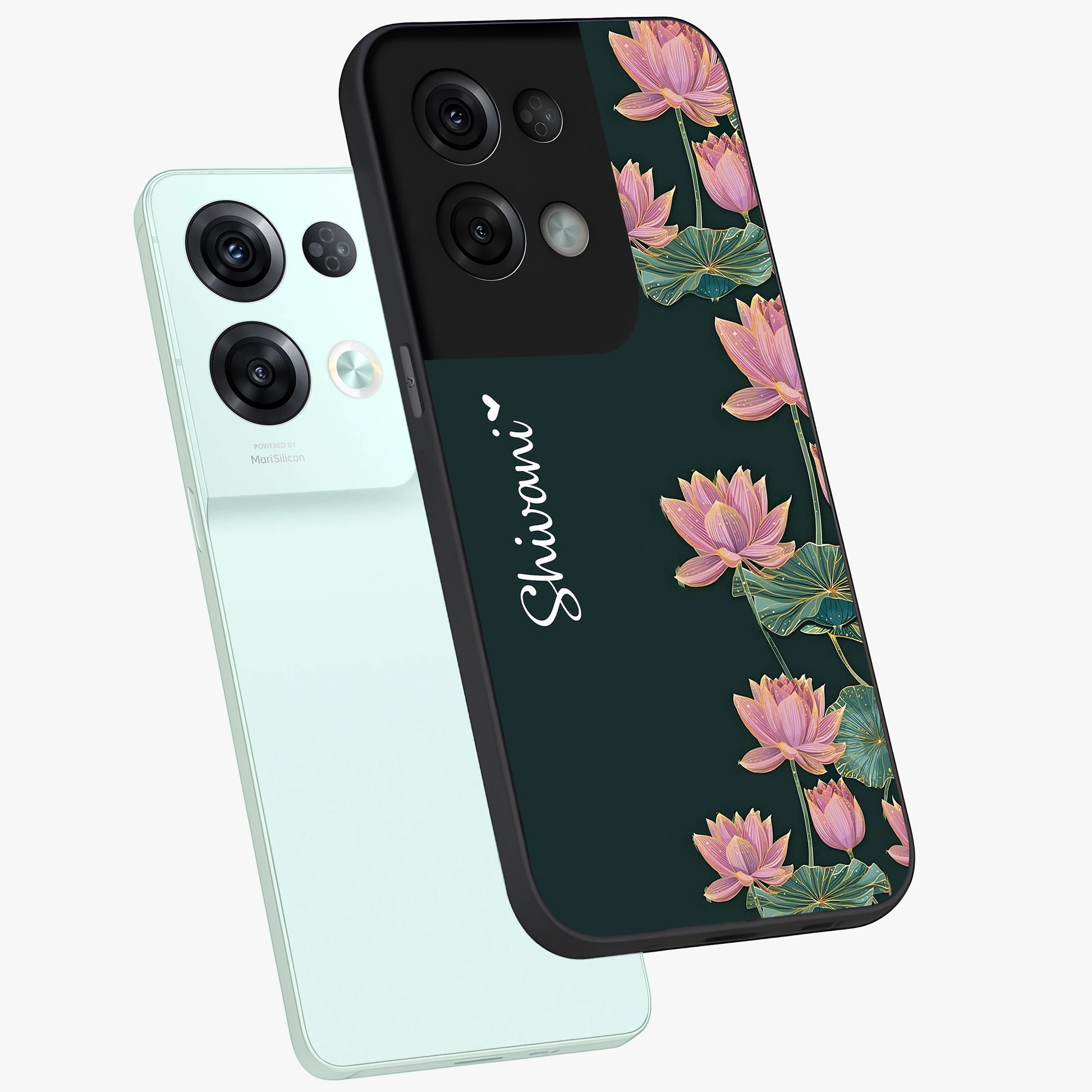 Lotus Bloom Serenity Custom Name Glass Case displayed in angled mockup highlighting graceful lotus illustration with custom name feature.