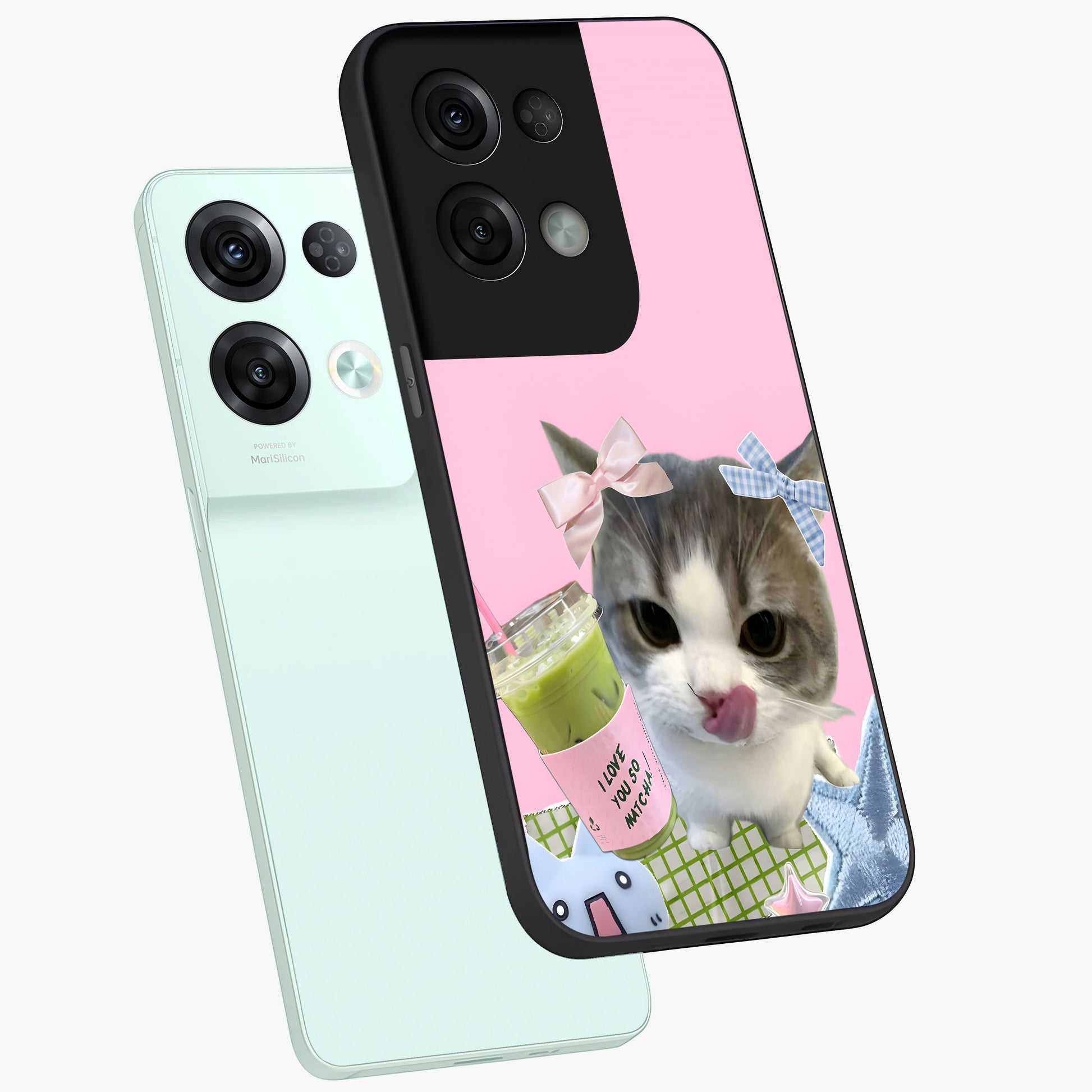 Love Matcha Cat Glass Case displayed in angled mockup highlighting playful feline illustration with cozy matcha aesthetic.
