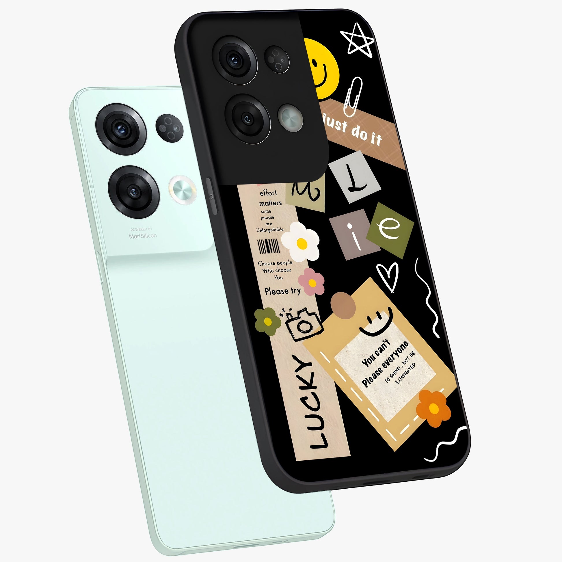 Lucky Aesthetic Collage Glass Case displayed in angled mockup highlighting stylish collage pattern with modern aesthetic vibe.