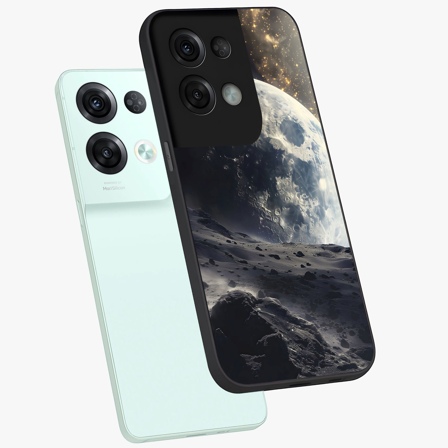 Lunar Horizon Glow Glass Case displayed in angled mockup highlighting celestial moon design with dreamy night aesthetic.