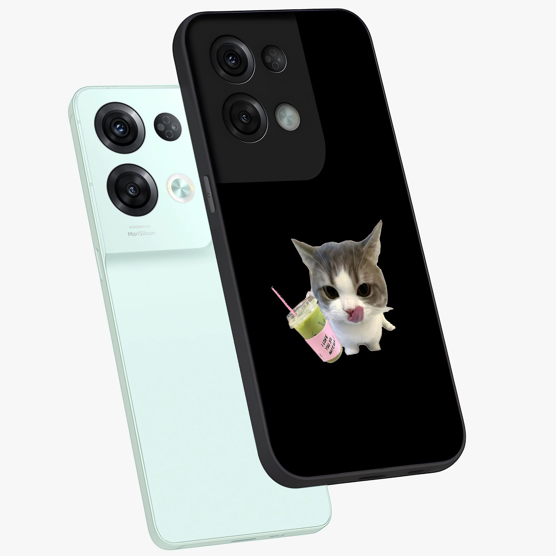 Matcha Cat Style Glass Case displayed in angled mockup highlighting playful feline design with pastel matcha aesthetic.