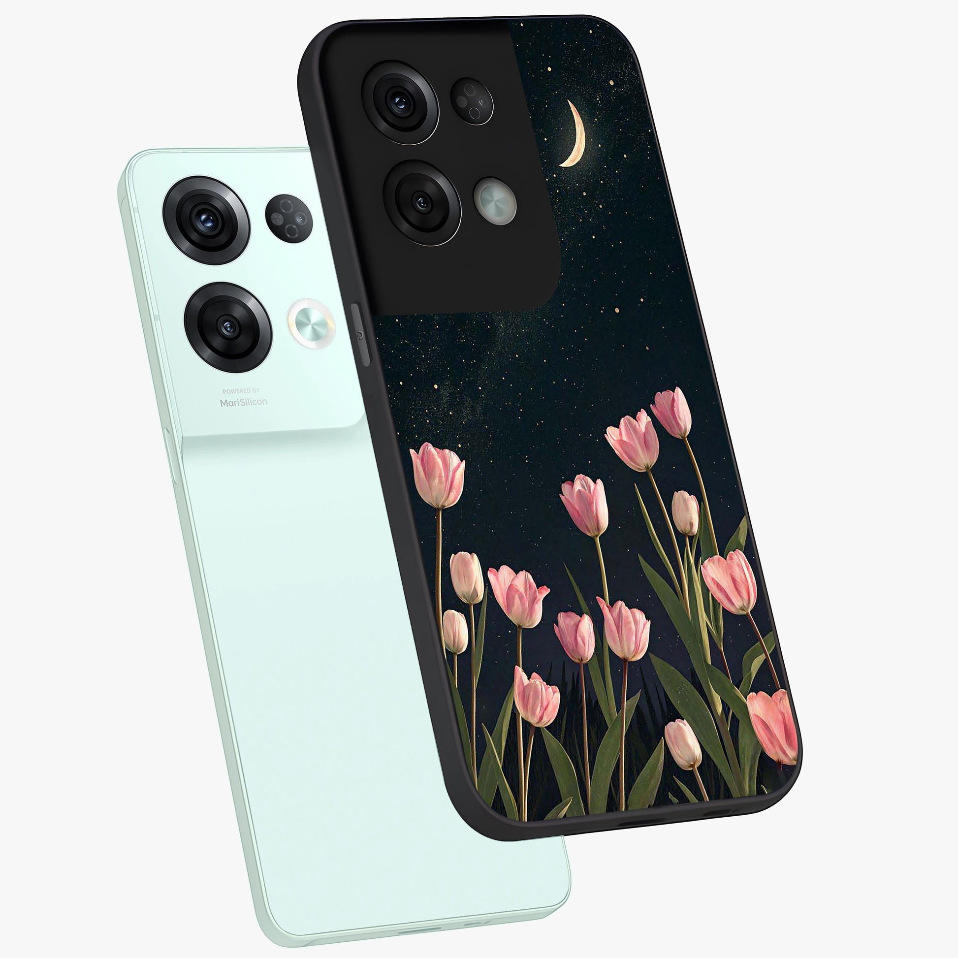 Midnight Tulip Whispers Vibe Glass Case displayed in angled mockup highlighting delicate tulip design with midnight floral aesthetic.