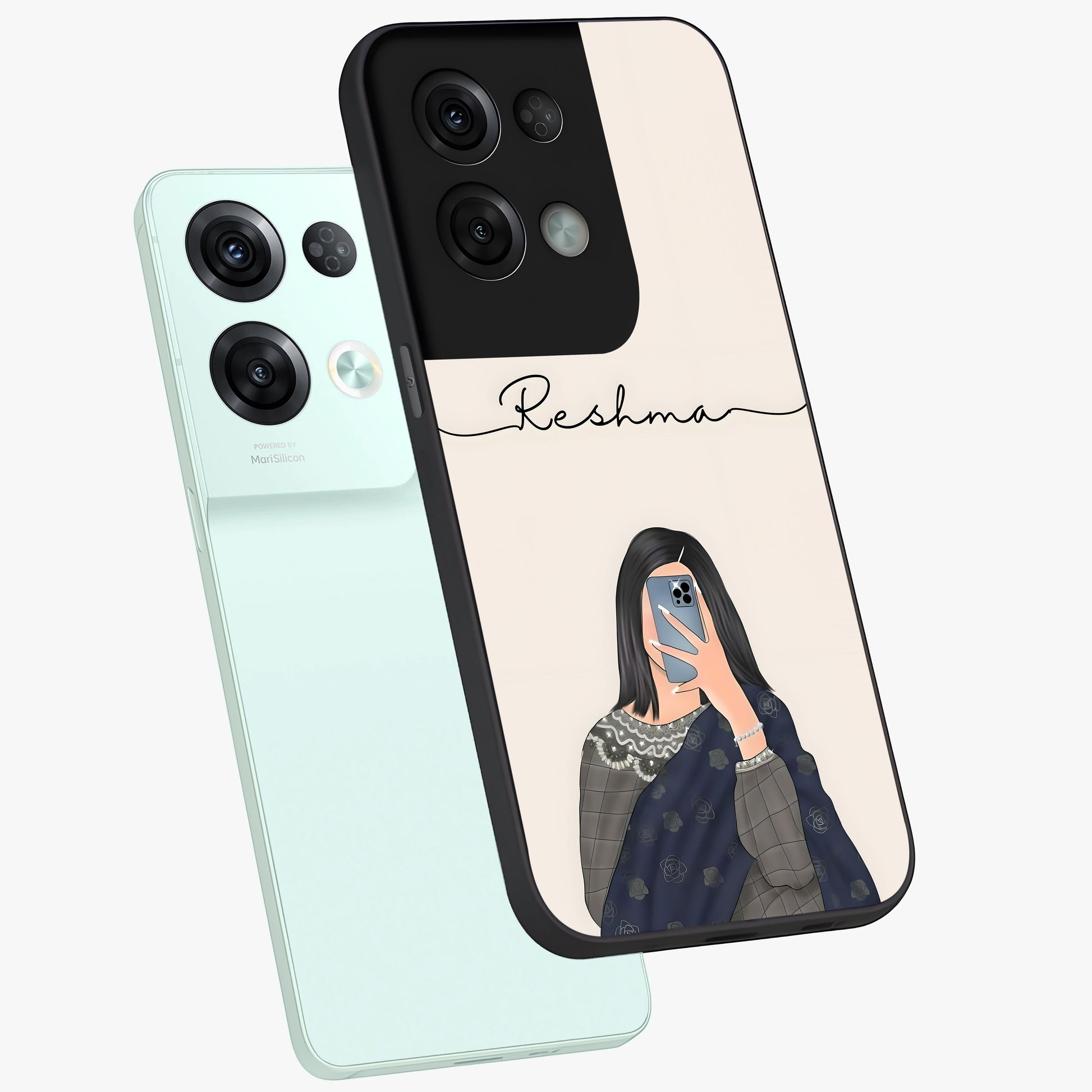 Mirror Mood Muse With Custom Name Glass Case displayed in angled mockup highlighting aesthetic mirror inspired design with custom name feature.