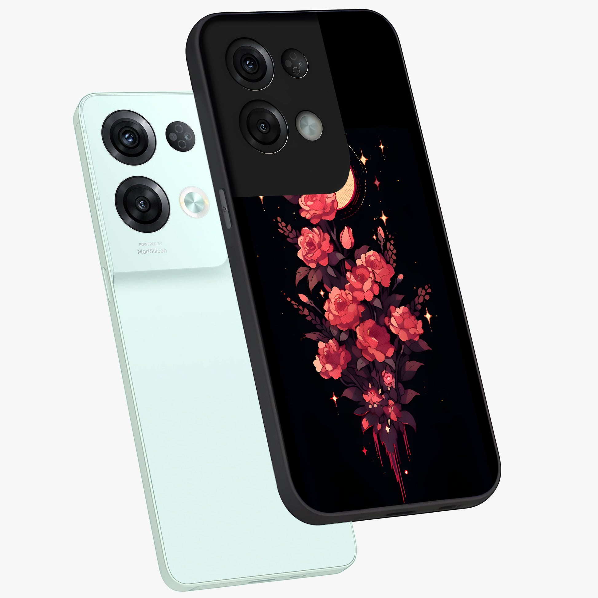 Moonlit Floral Elegance Glass Case displayed in angled mockup highlighting graceful flower design with soft moonlight aesthetic.