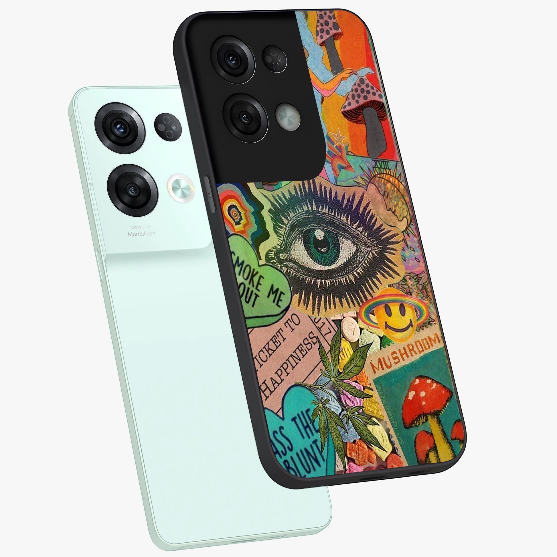 Mystic Eye Wonderland Glass Case displayed in angled mockup highlighting magical eye illustration with dreamy aesthetic.