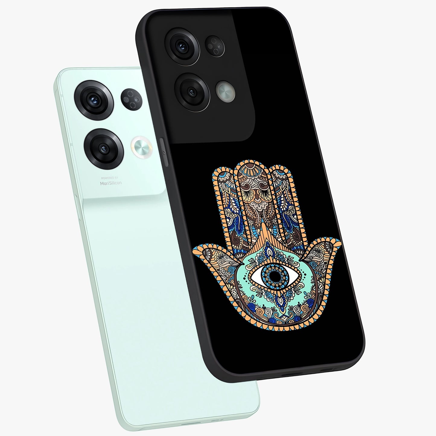 Mystic Hamsa Eye Glass Case displayed in angled mockup highlighting spiritual hamsa symbol with mystical aesthetic style.
