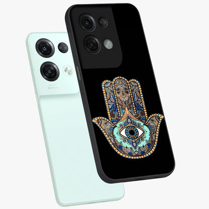 Mystic Hamsa Eye Glass Case displayed in angled mockup highlighting spiritual hamsa symbol with mystical aesthetic style.