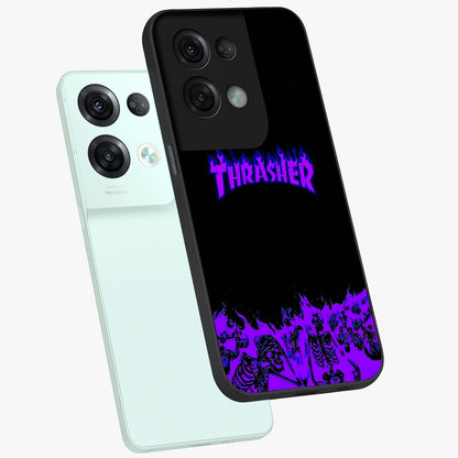 Neon Flame Riot Glass Case displayed in angled mockup highlighting glowing flame design with vibrant neon aesthetic.