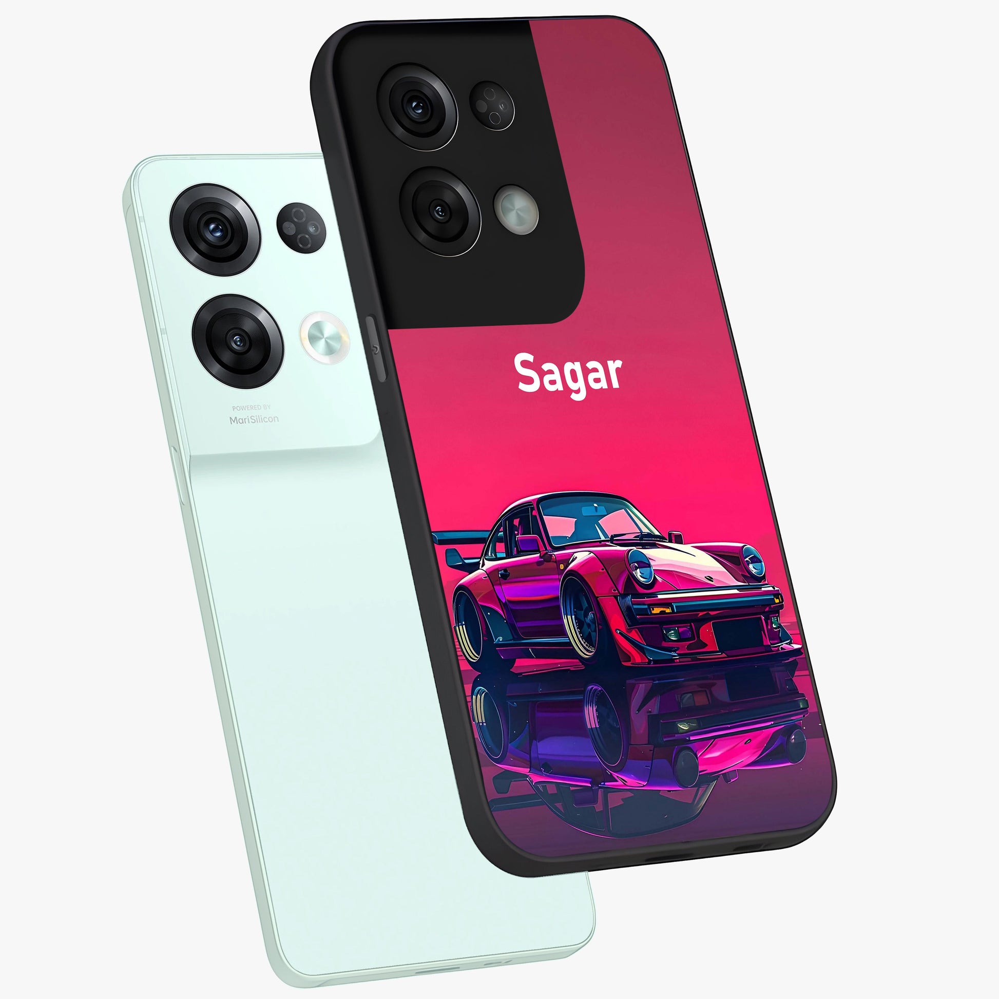 Neon Pink Porsche Glass Case displayed in angled mockup highlighting sleek neon pink car design with racing aesthetic.