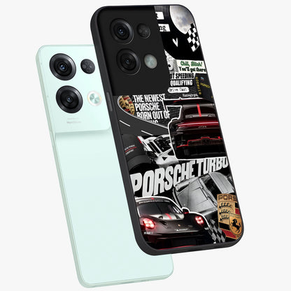 Porsche Racing Collage Glass Case displayed in angled mockup highlighting dynamic automotive design with bold racing aesthetic.