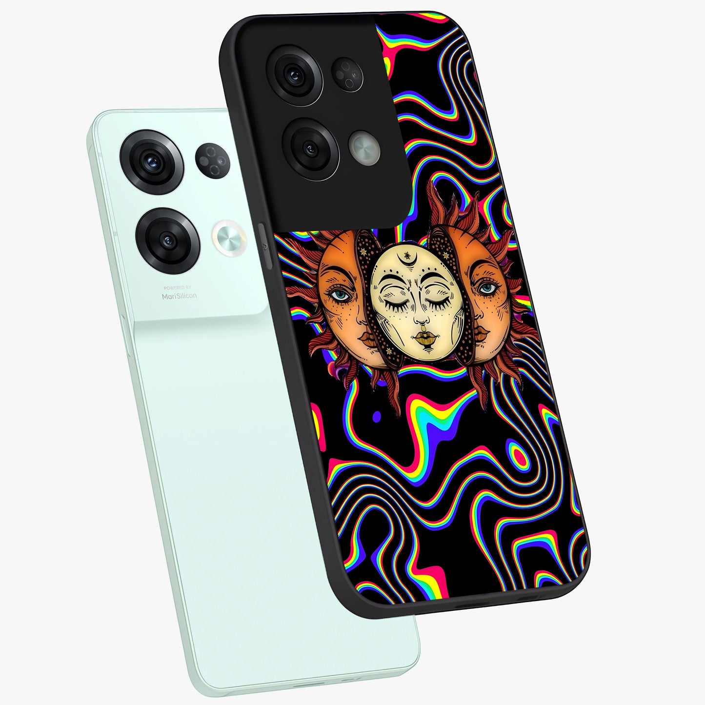 Psychedelic Sun Glass Case displayed in angled mockup highlighting vibrant abstract sun design with artistic aesthetic style.