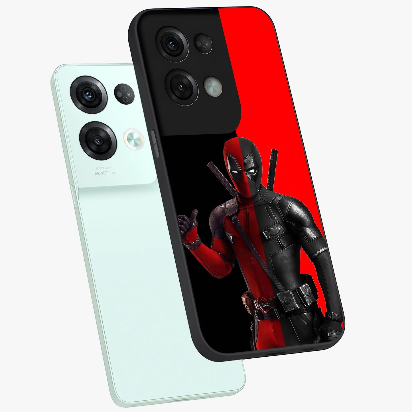 Red & Black Deadpool Theme Glass Case displayed in angled mockup highlighting vibrant superhero style illustration with action aesthetic.