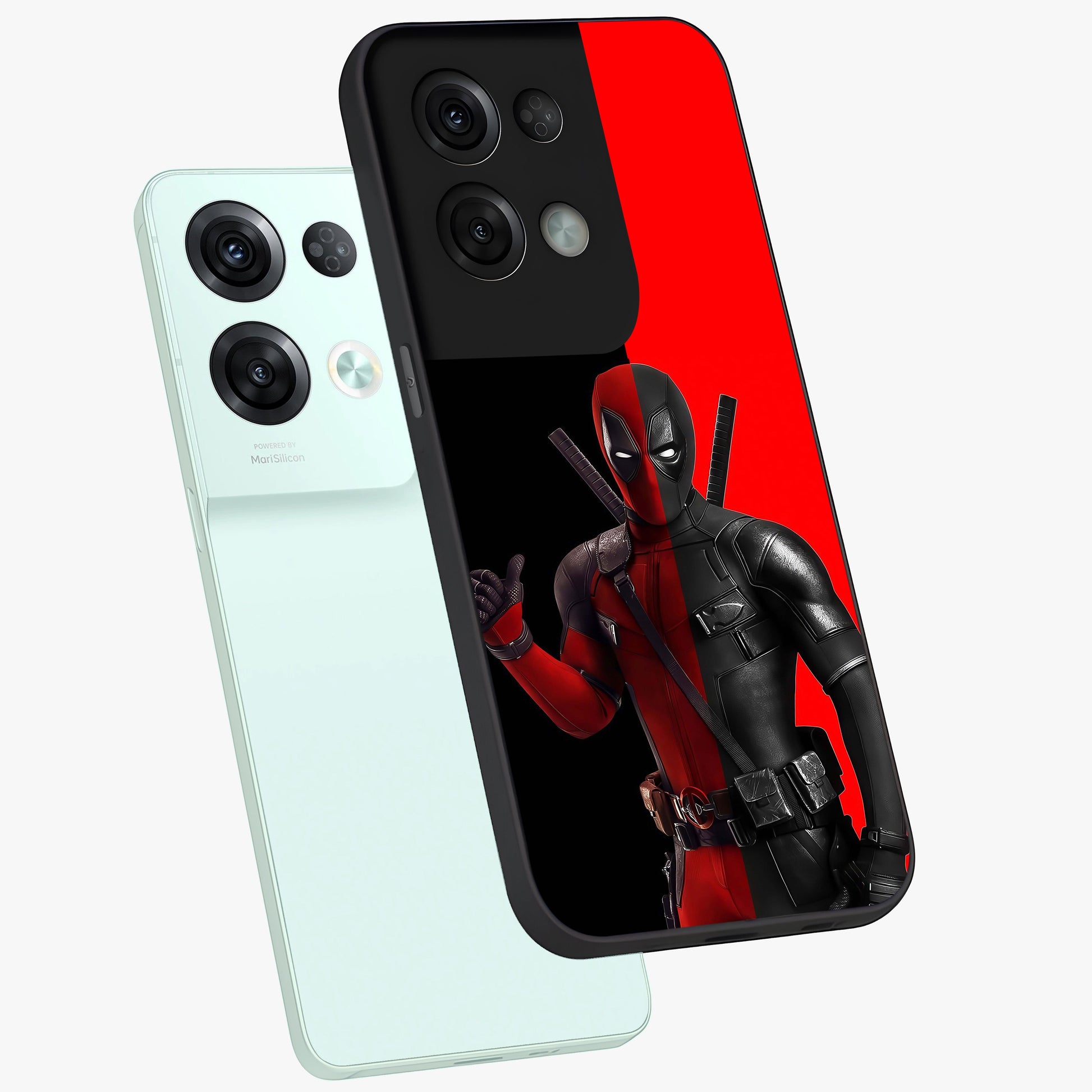 Red & Black Deadpool Theme Glass Case displayed in angled mockup highlighting vibrant superhero style illustration with action aesthetic.